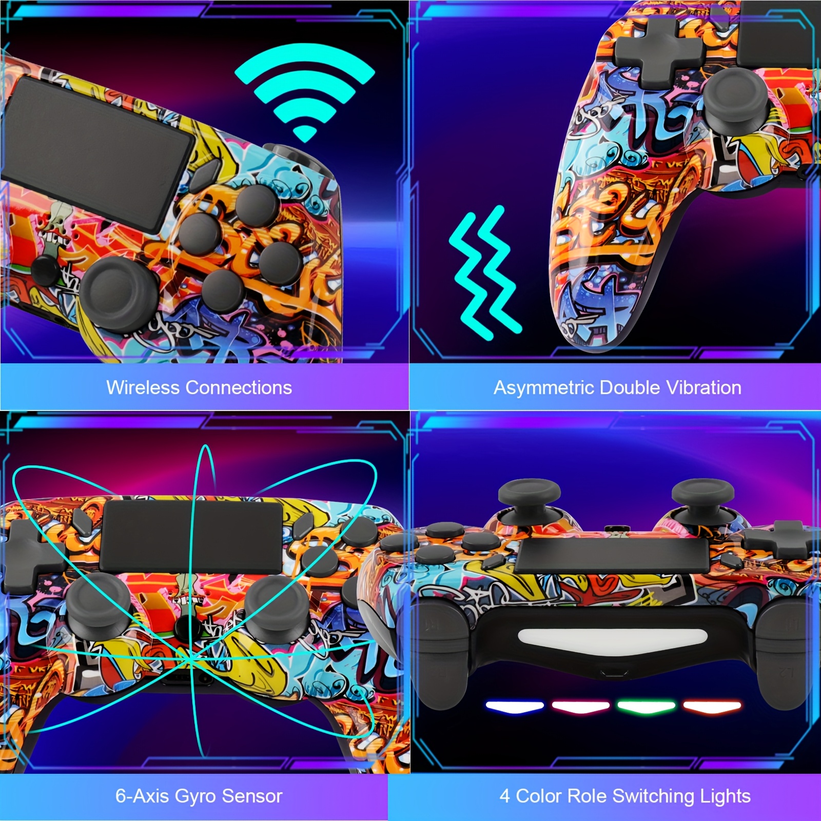 Wireless Game Controller with Graffiti Design, 600mAh Long Battery Life, Wireless, Motion Sensing, Ergonomic Grip for PS3, PS4, PC - Vibrant Colors, Rechargeable Lithium-Polymer Battery, Pc Gaming Peripheral | Vibrant Design | Multifunctional Device