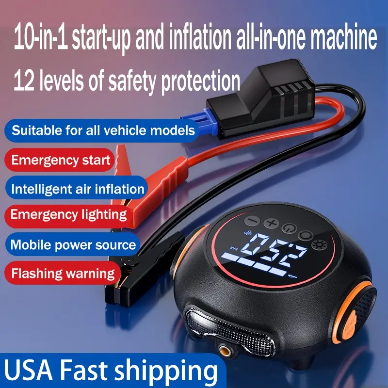 8000a 1800mah portable jump starter with 45l min air compressor 4000 led flashlight usb power bank emergency tire inflator for cars trucks portable jump starter and air compressor Product details 0