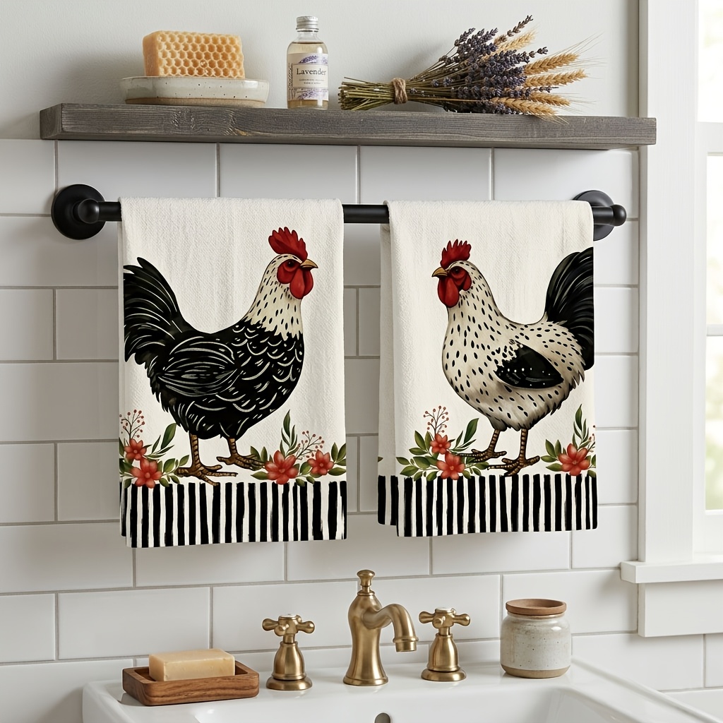 TEMU 2pcs Set Of Country Rooster Kitchen Dish Towels, Super Absorbent And Microfiber Tea Towels, Farmhouse Style Towels, Decorative Towels, Black And