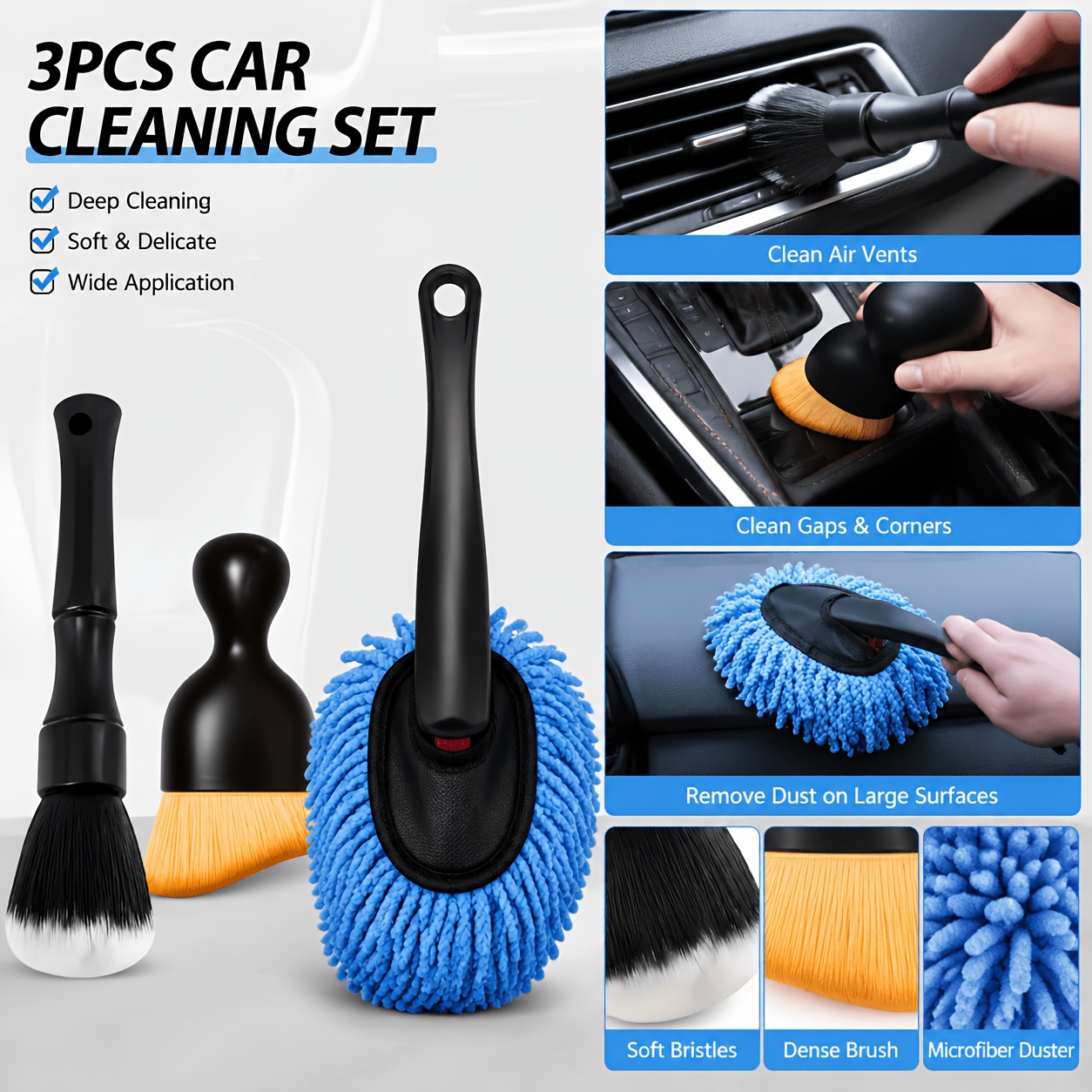 TEMU Kit de nettoyage pour voiture : 1 chiffon dépoussiéreur bleu pour voiture + 2 brosses de nettoyage douces. Outil de nettoyage pour voiture à