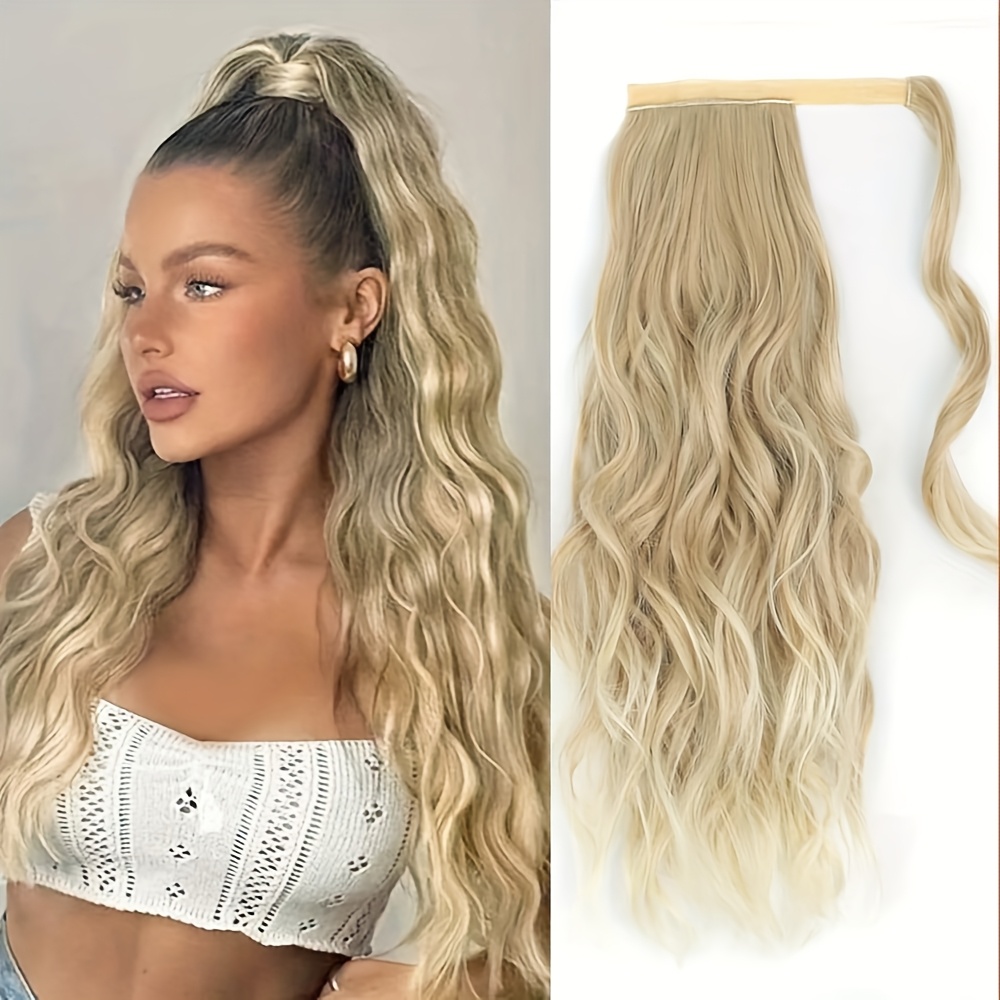 TEMU Elegante Blonde Lange Golvende Paardenstaart Vlecht Lange Haar Omwikkelde Krullende Paardenstaart Extensions Fluffy Haarstuk Paardenstaart