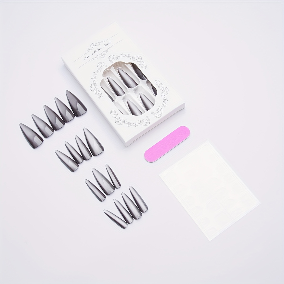 TEMU 24 pièces Faux Ongles Longs Stiletto Gris Dégradé Effet Œil de Chat XXL, Inclut : 1 Colle Gel et 1 Lime à Ongles - Ensemble pour Femme, Usage ou