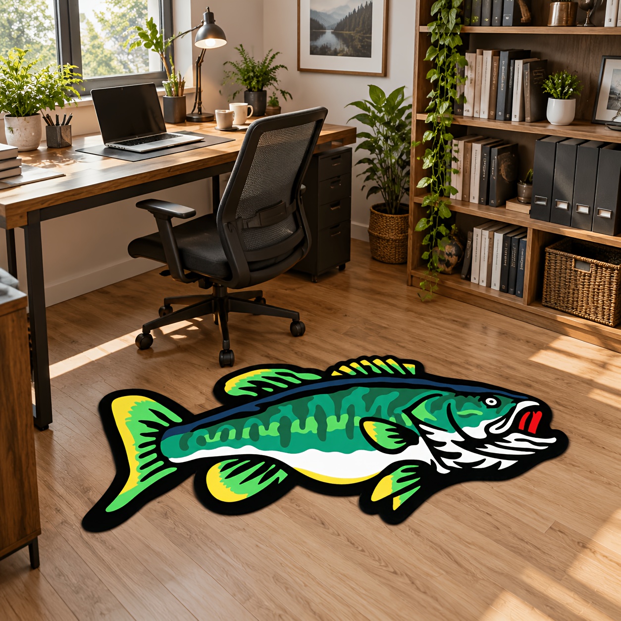TEMU 1pc Green Fish Rug Suitable For Living Room, Bedroom, Fishing-themed Decor - Irregular -shaped Carpet With Backing, Machine Washable Floor Mat,