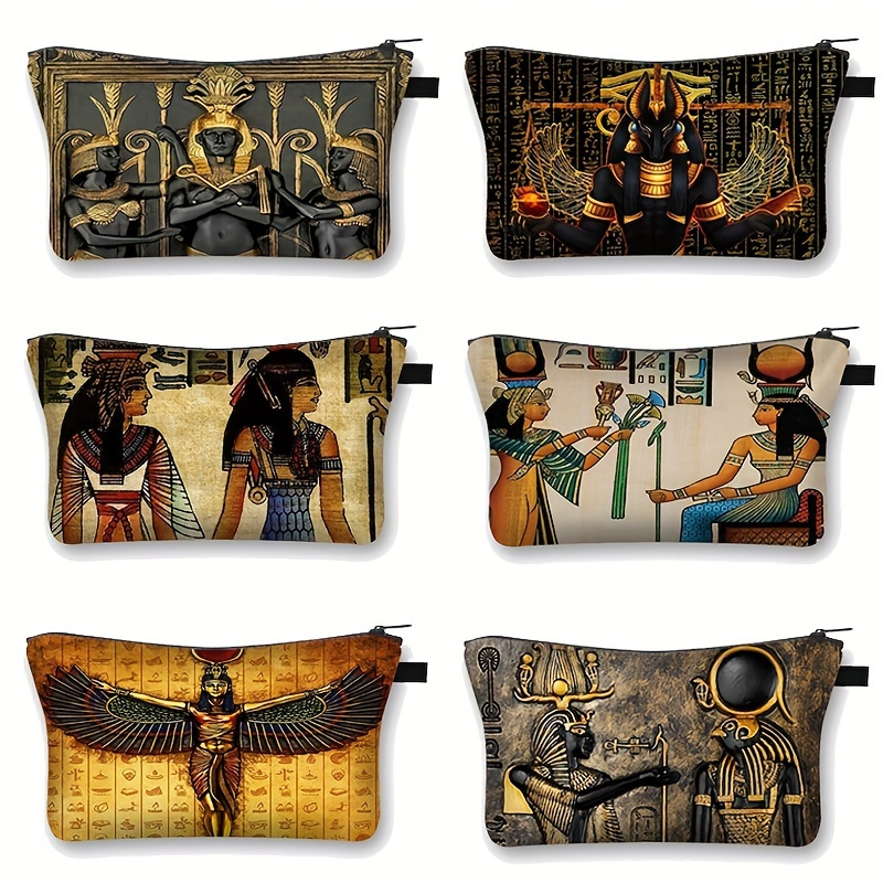 

Egyptian Pharaoh & Artwork Polyester Cosmetic Bag Set - Anubis & Goddesses Theme Makeup Pouches For Women - Non-waterproof, Unscented Toiletry Organizer Cases - Elegant Accessories - Ideal Gift