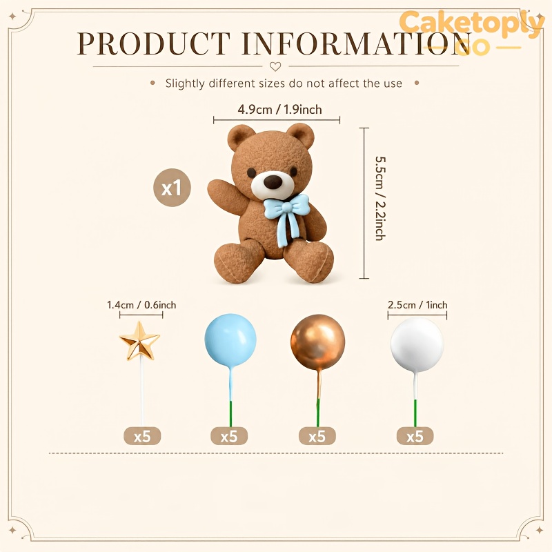 TEMU Caketoply Go 21pcs Bear Cake Topper Set, Adorable Bear Figurines With Stars And Ball Cake Decorations For Bear Themed Birthday Party Supplies,