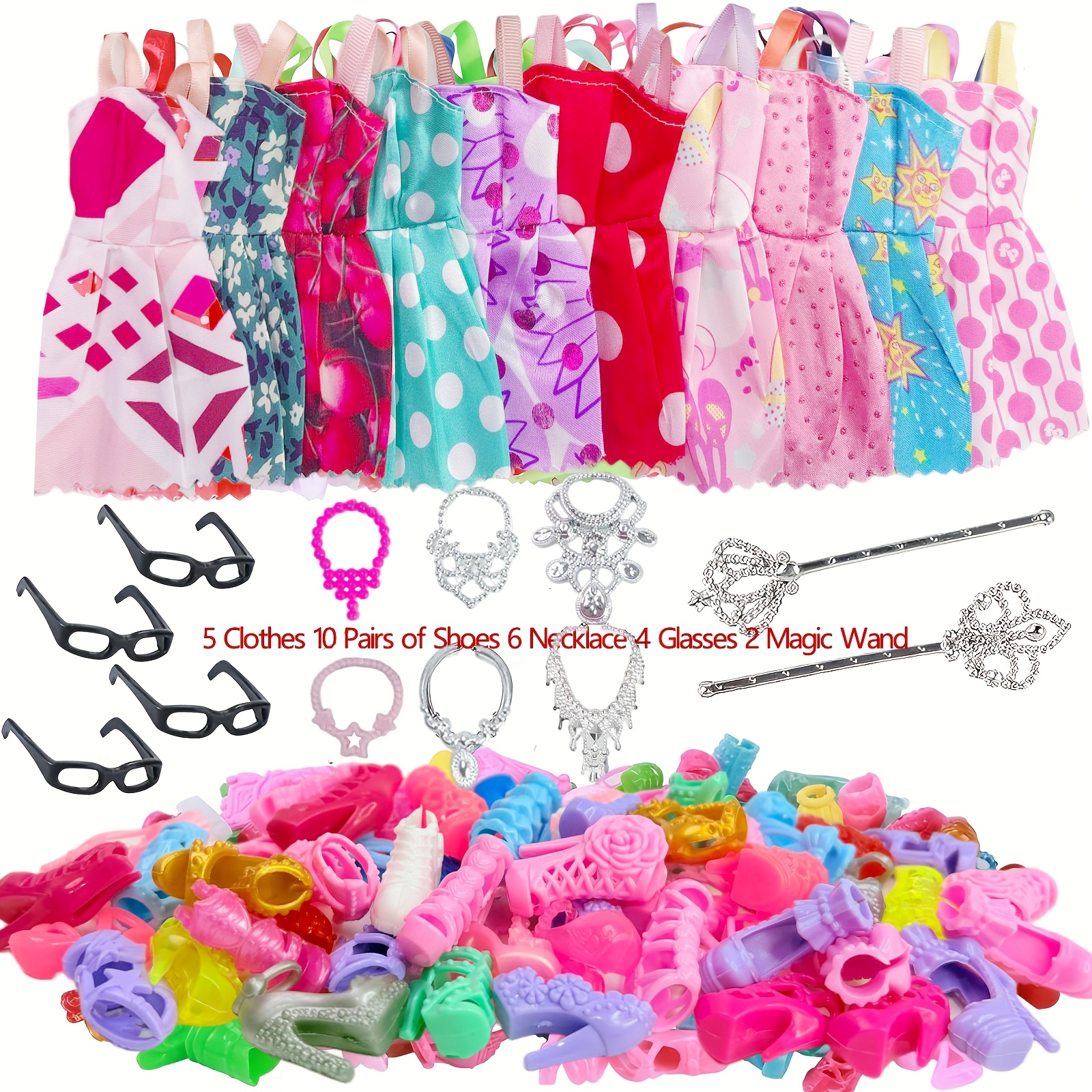 Image of 27pcs Doll Clothes And Jewelry Set For 11.5 Inch Dolls - Complete Outfits With Skirts, Shoes, Necklaces, Glasses, Magic Staff