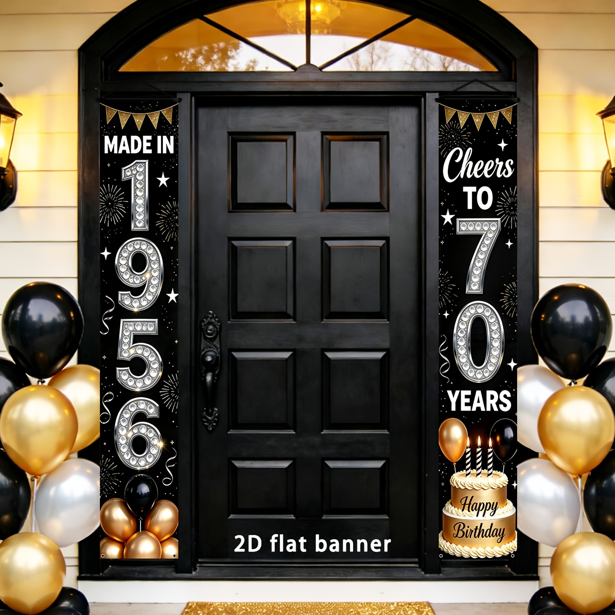TEMU 2d Flat, 2d Door Banner, 2d Flat Party Banner, 1 Pair, 70th Birthday Door Banner Set, "made In 1956" And "cheers Years" Black Golden Diamond