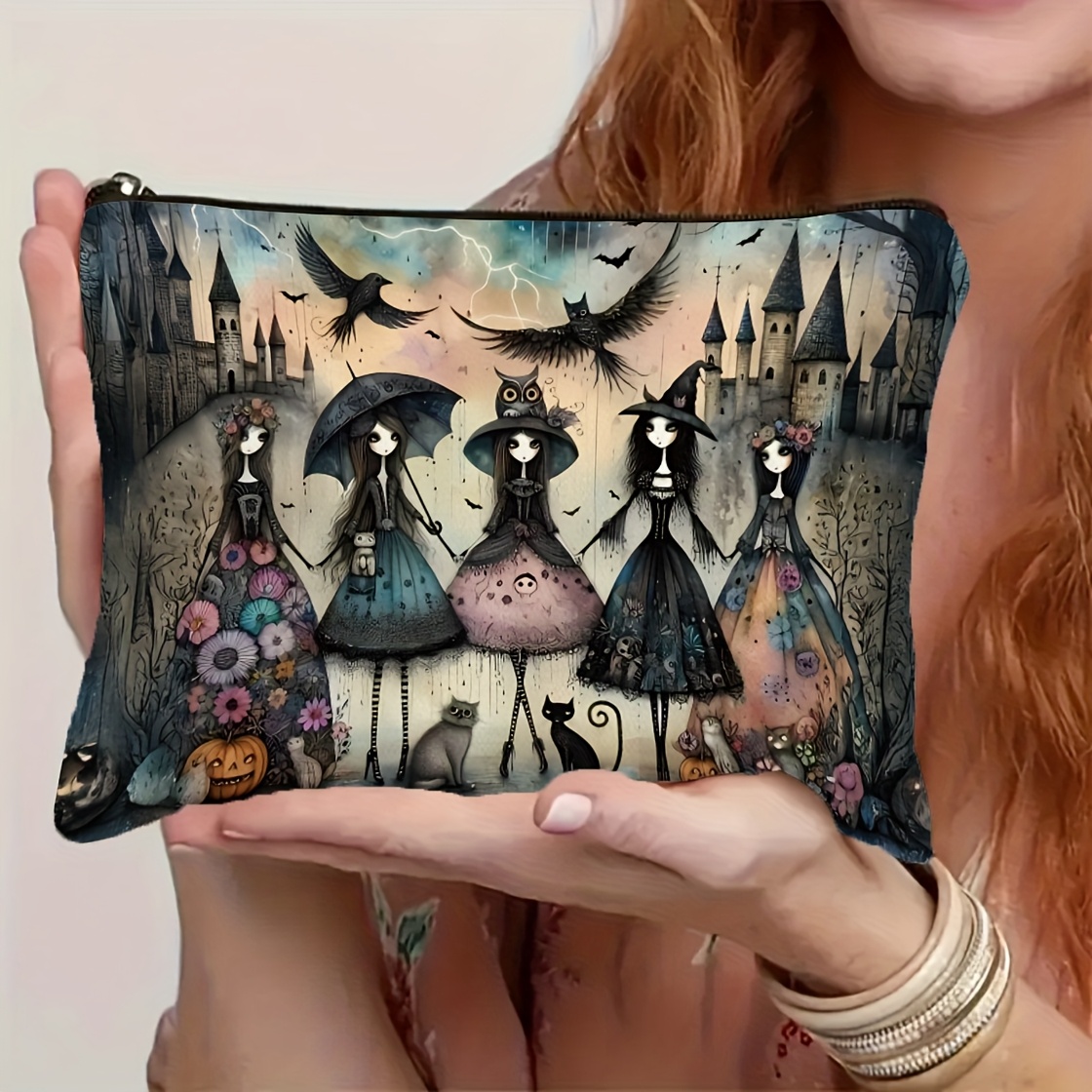 TEMU Multifunctional Gothic Makeup Bag - Featuring , Black Cat, And Owl Designs, Portable Travel Pouch, Ideal For Travel, Snacks, , With Stylish