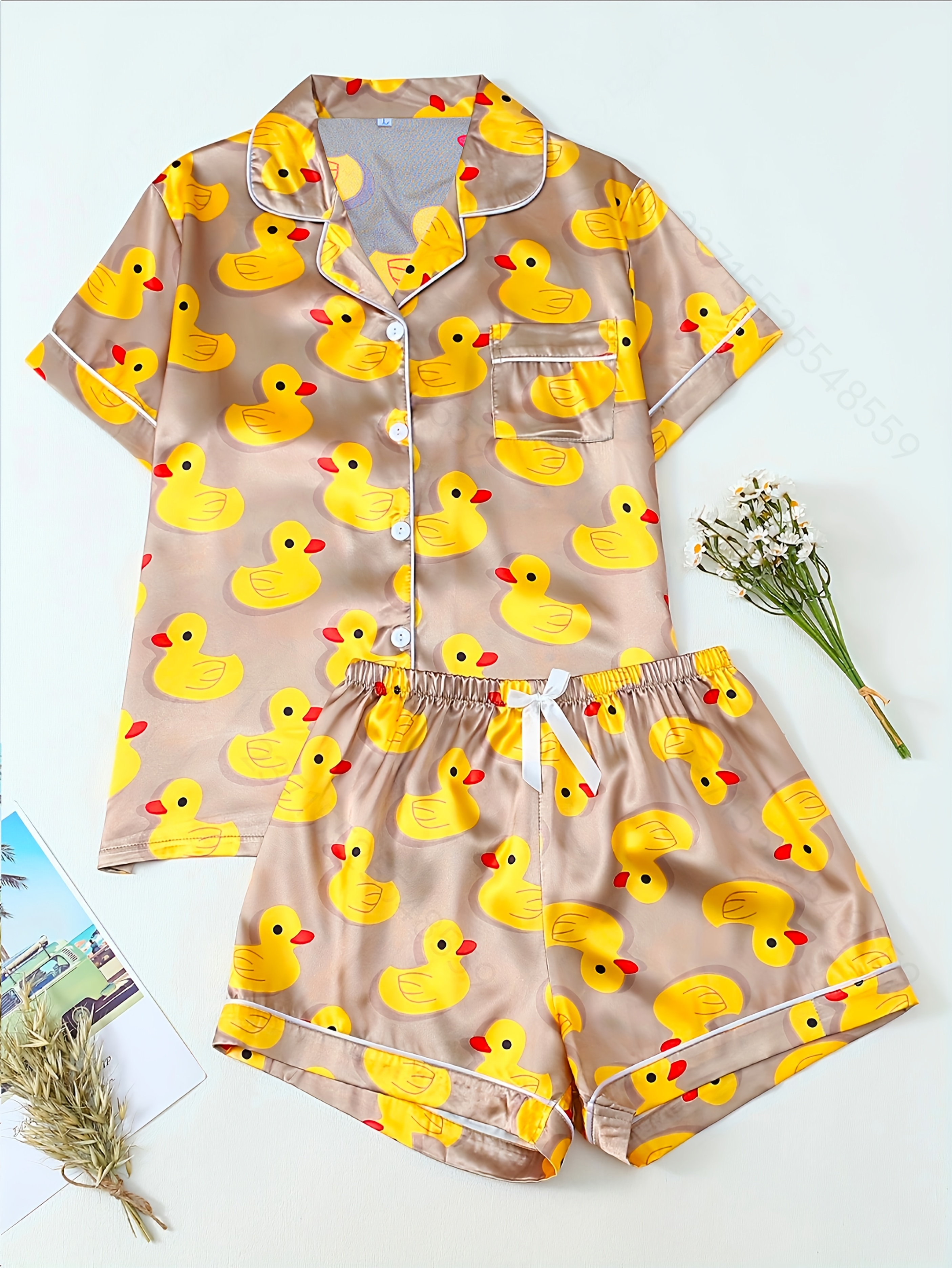 adorable yellow duck printed pajama set short sleeved