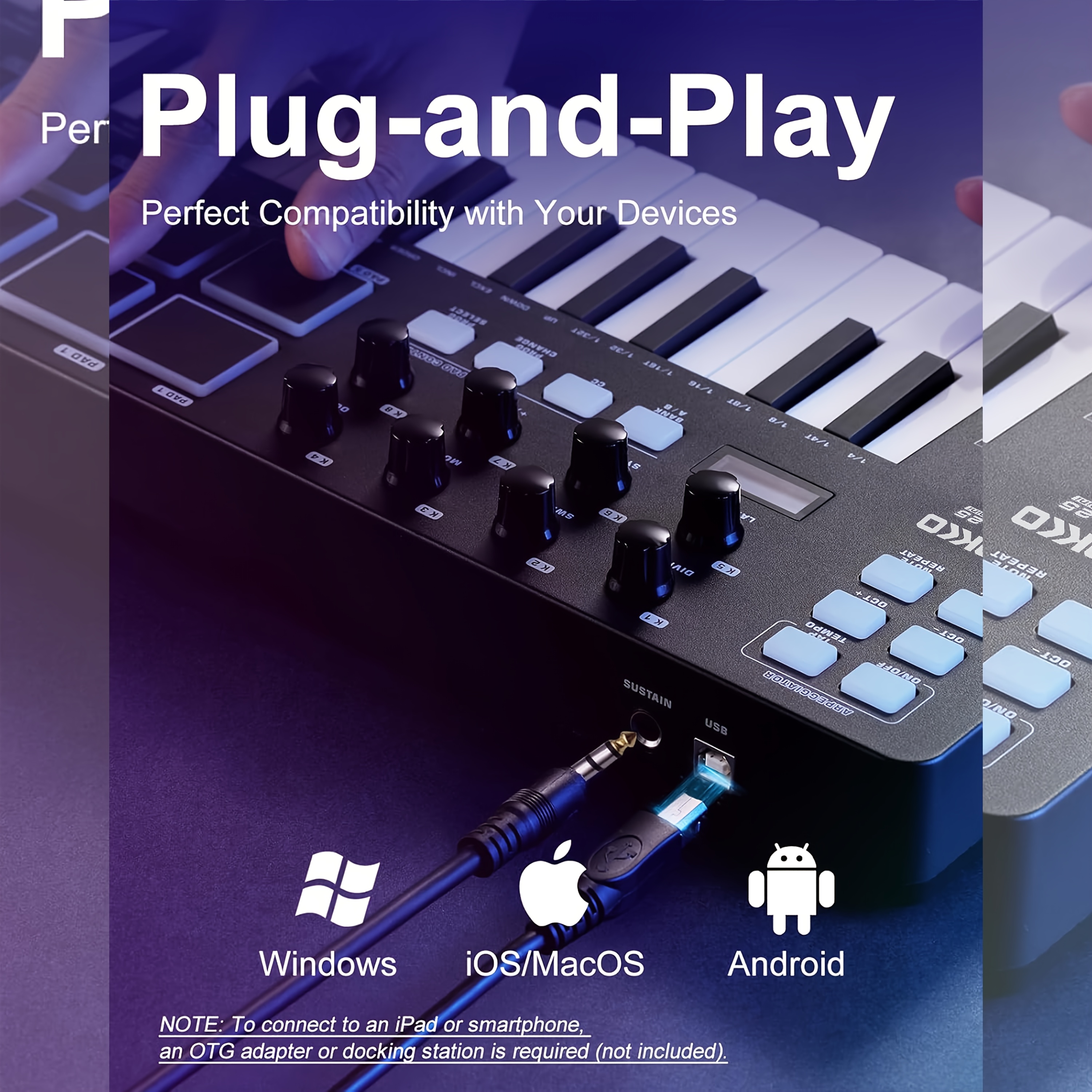 25鍵ポータブルmidiキーボードコントローラー 8ドラムパッド・oled