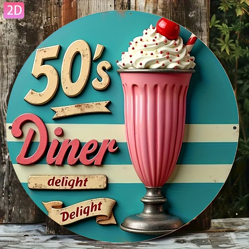 TEMU 2D Flach, Retro-Stil "50er Jahre Diner" Aluminium Wanddekoration - 20x20cm, Vintage-Deko mit Rosa Eiscreme und roten Lippen Design, für Zuhause,