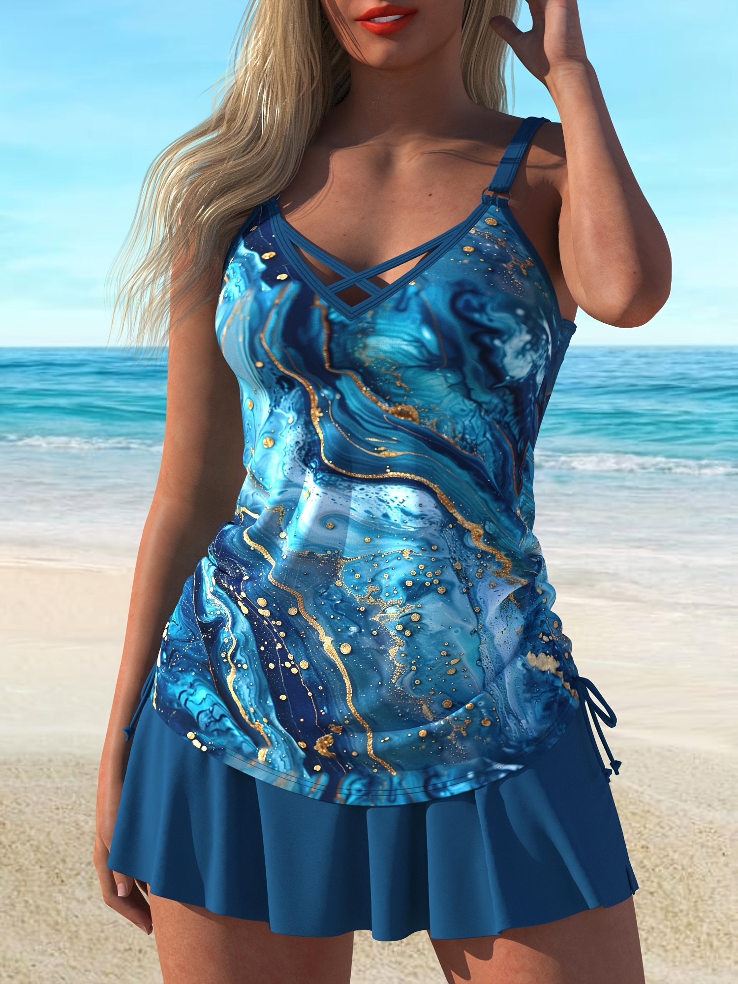 Ženski tankini kupaći kostim plus size s uzorkom mramora