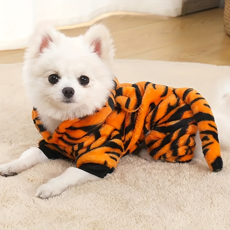 

1pc Tiger-striped Cotton Pet Pajamas For Dogs And Cats, Cozy Four-legged Animal Costume, Warm Autumn And Winter Clothes For Small And Large Pets, Transformative Tiger Outfit