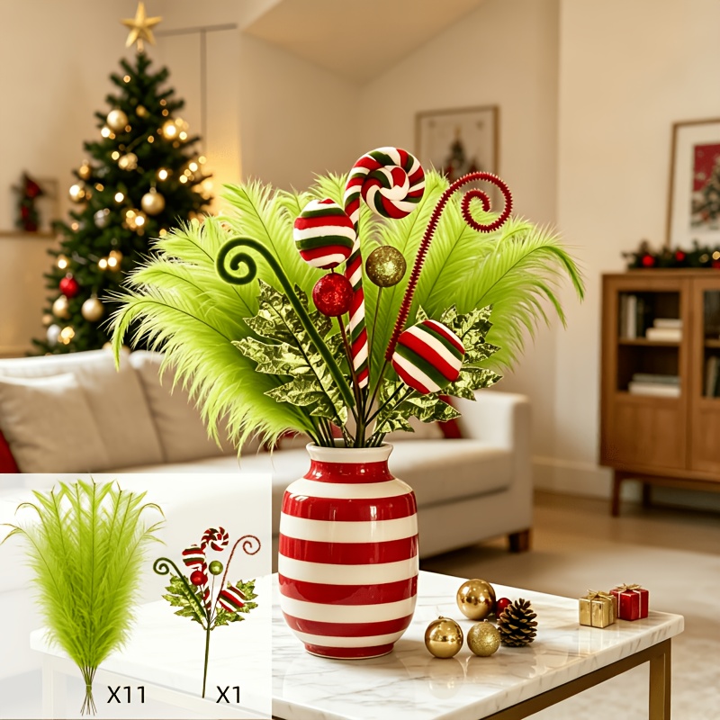 TEMU 12pcs Mixed Set: 1 Christmas Candy Cane Decorative Stem + 11 Artificial Pampas Grass Stems. Christmas Tree Arrangement, Holiday Window Vase