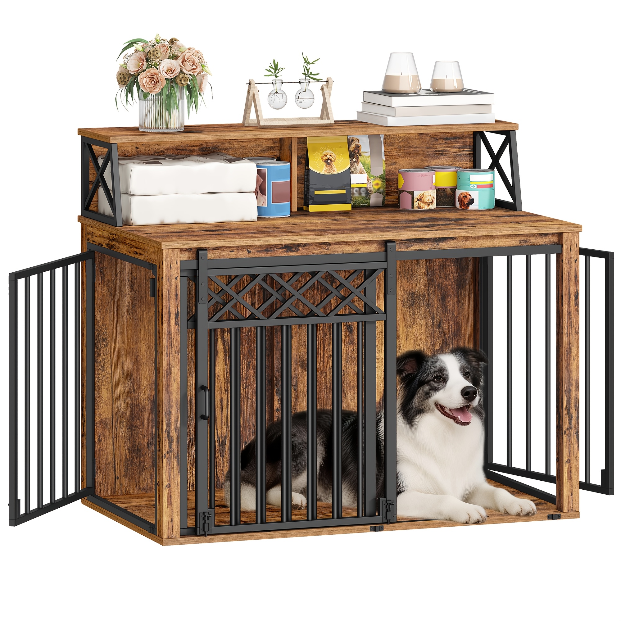 Image of Three-door Dog Crate With Storage Shelf, Indoor Kennel For Home Use, Barn Door Design, With Side Table, Suitable For Medium To Large Dogs, Dimensions: 100 X 58 X 82cm