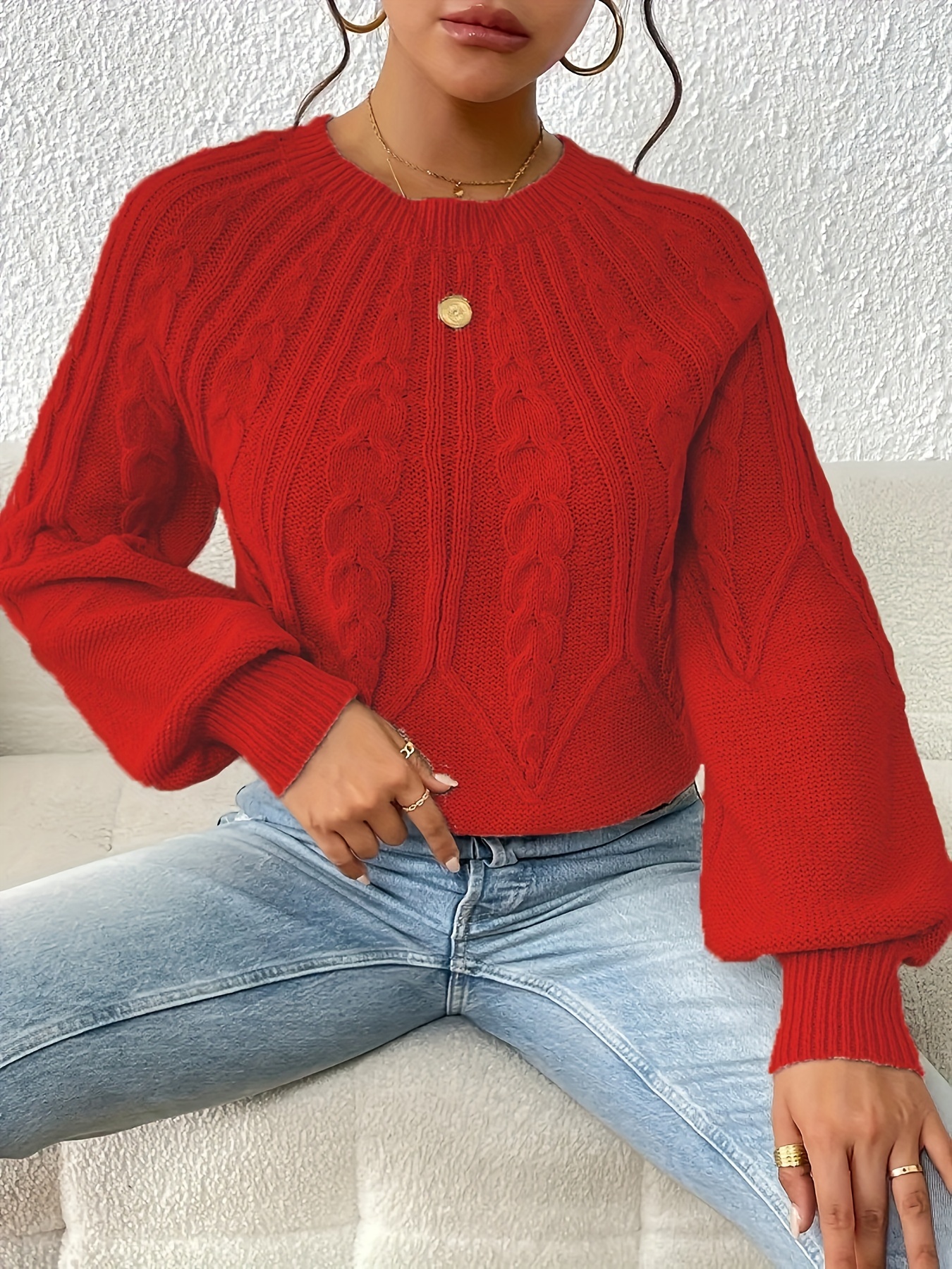 cable knit crew neck sweater elegant lantern sleeve knitted top for   womens clothing details 36