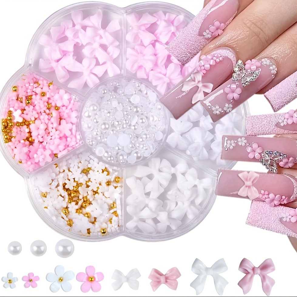 

Umillars 3d Flower And Bow Nail Art Decorations Set With Pearls And Acrylic Gems - Unscented Nail Art Accessories Kit For Diy Manicure Designs (pink And White)