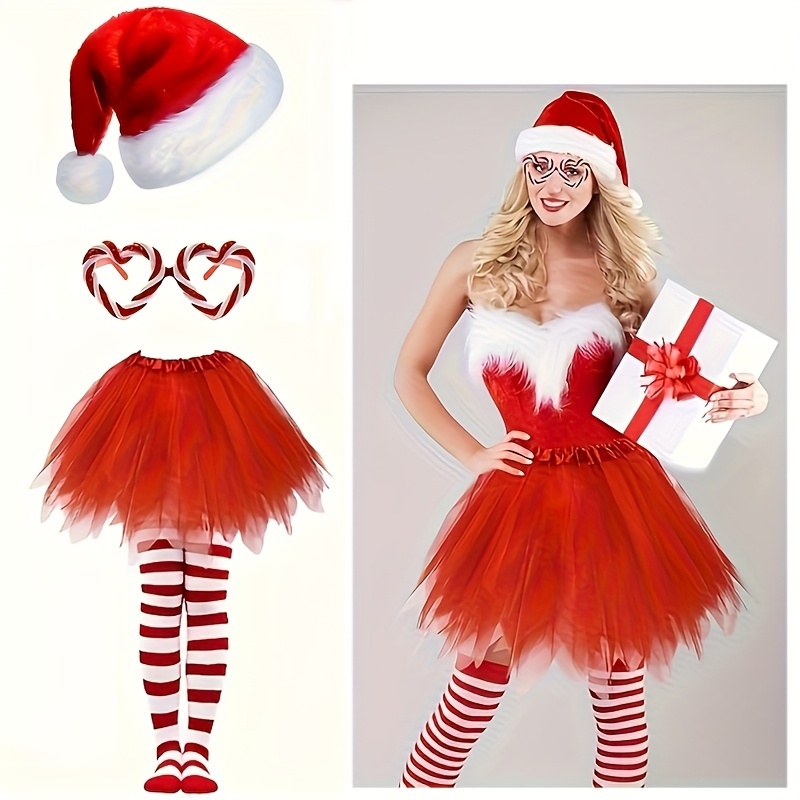 4-delige Kerst Papa Klaas Kleren Set voor Dames met Handschoenen, Rode Pofrok, Papa Hoed en Jurk - Complete Feestelijke Outfit met Accessoires voor Kerstmis