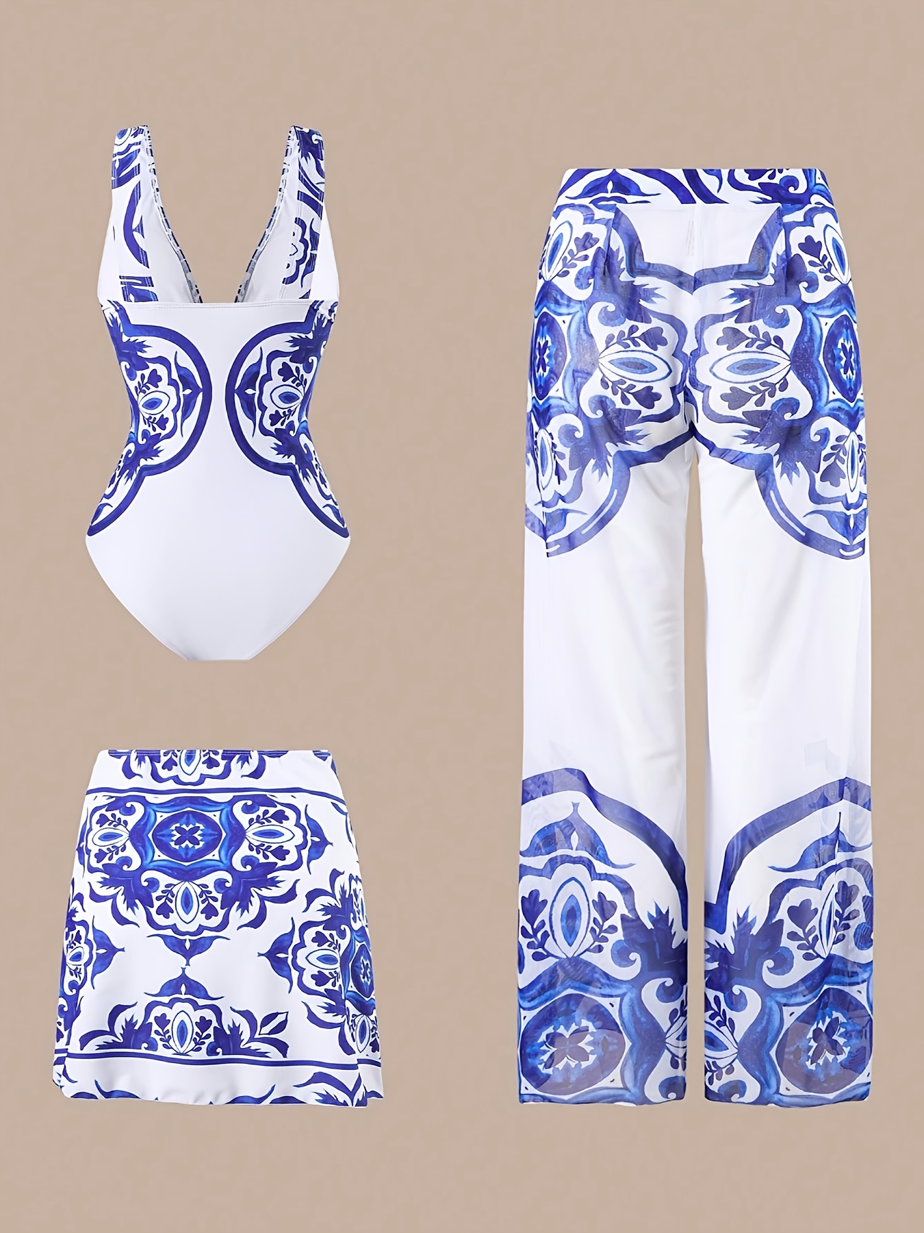 womens fashion ethnic print mature   1pc bikini with skirt and extended pants beach seaside colorful   swimming 26ss   trend bikini swimsuit 3pcs set
