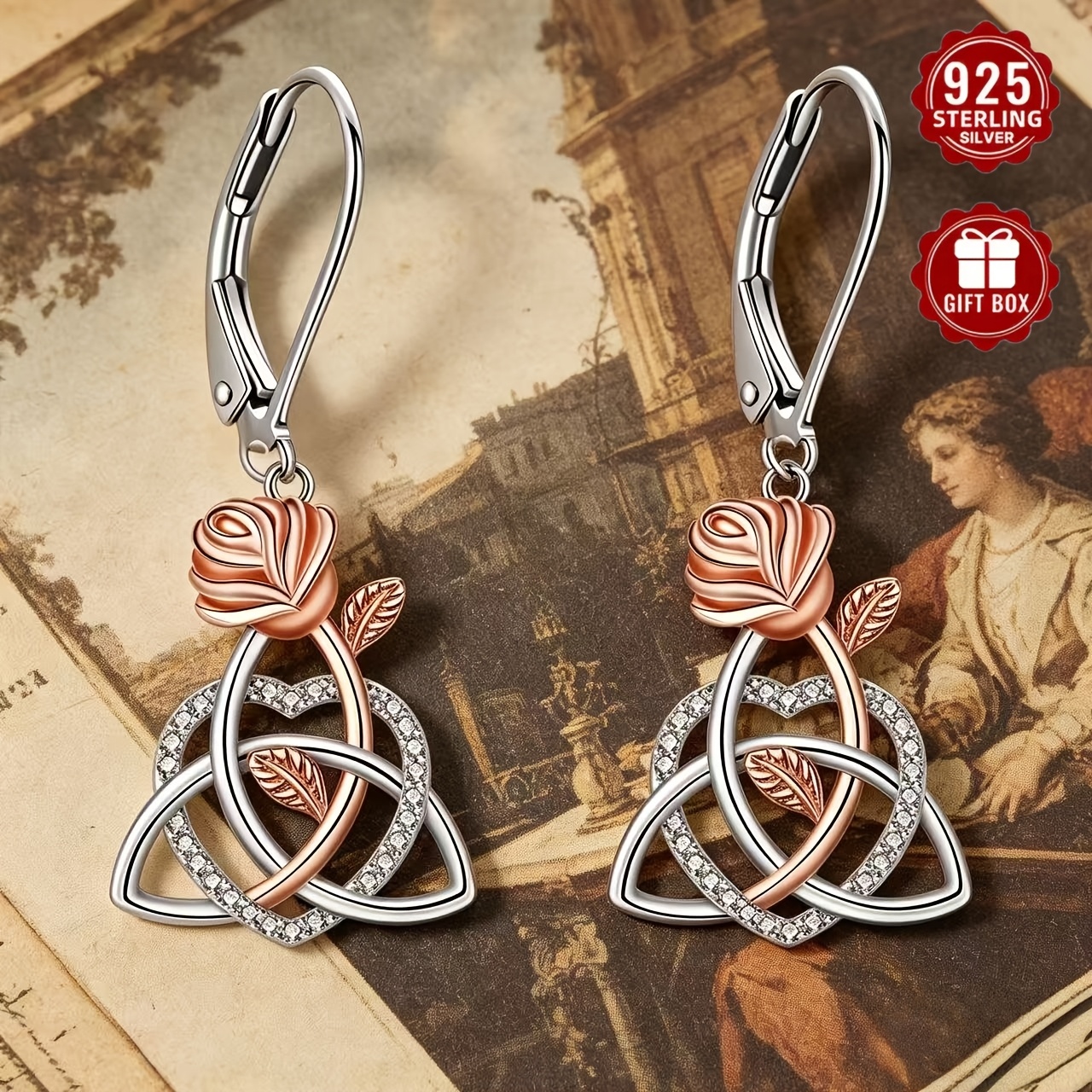 TEMU S925 Silver Romantic Rose Celtic Knot Earrings, Retro Light Luxury 2 Tone Earrings, Valentine's Day Gift - Suitable For Jewelry Gifts For