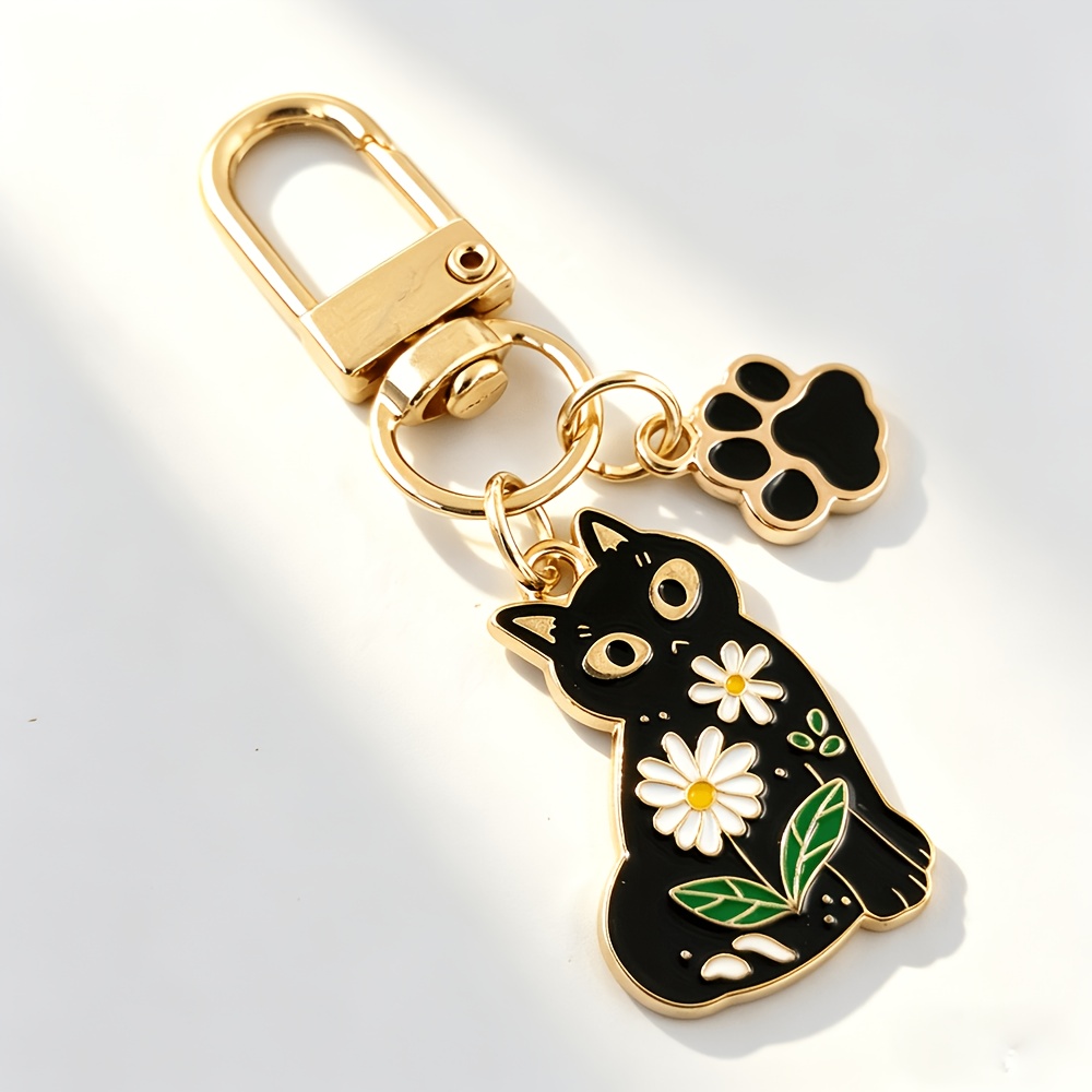 TEMU 1pc Y2k Coquette Daisy Black Cat Enamel Keychain, Cute Cat Paw Purse Backpack Charm, Graduation Birthday Christmas Gift For Her