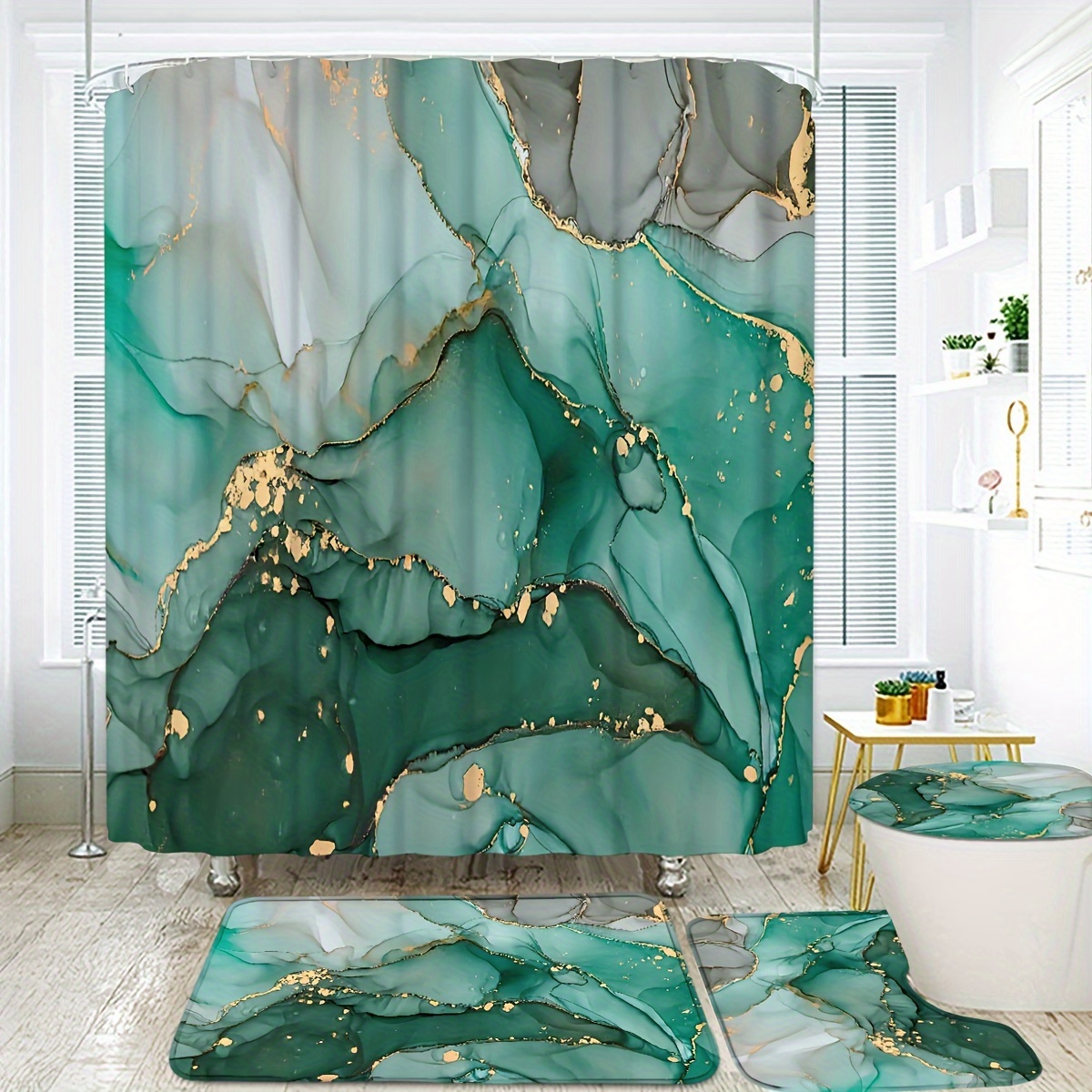 

1/4pcs Green Marble Texture Pattern Shower Curtain Set, Waterproof Shower Curtain With Hooks, Non-slip Bath Rug, U-shape Mat, Toilet Lid Pad, Bathroom Accessories