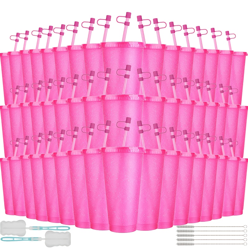 Image of 50-pack 24oz Reusable Glitter Plastic Cups With Lids, Straws & Dust Covers, Bulk Large Party Cups For Outdoor Wedding, Camping Celebration & , Includes Cleaning Brushes (pink//rose)