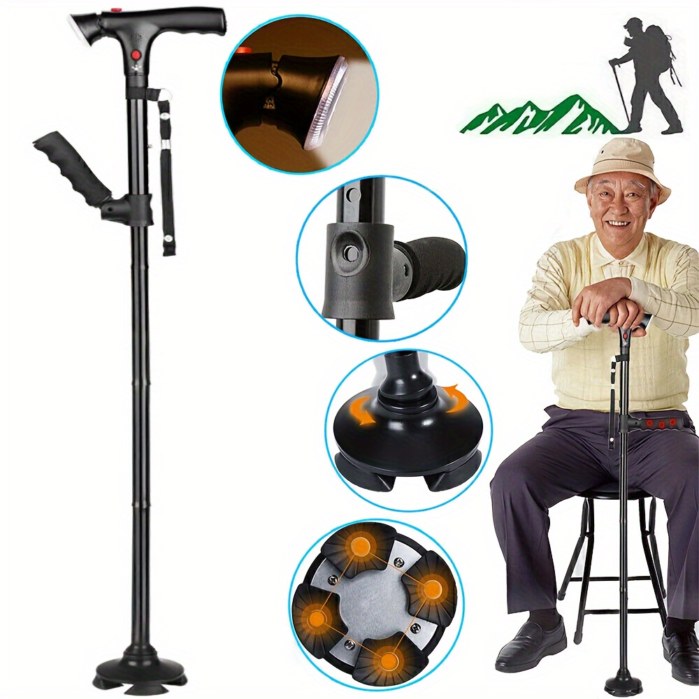 Lightweight Walking Cane Folding Stick Walker With LED Light Adjustable Alarm
