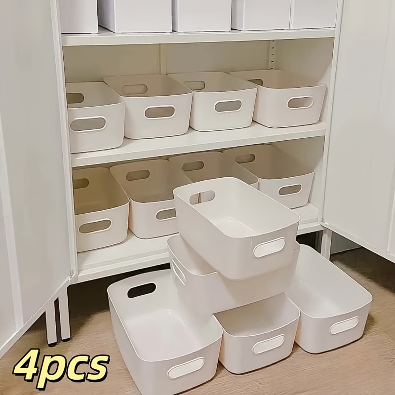 TEMU 4pcs Stackable Plastic Storage Boxes | Hollow Handle Portable Storage Baskets With Handles And Stackable Design - Suitable For Office Supplies,