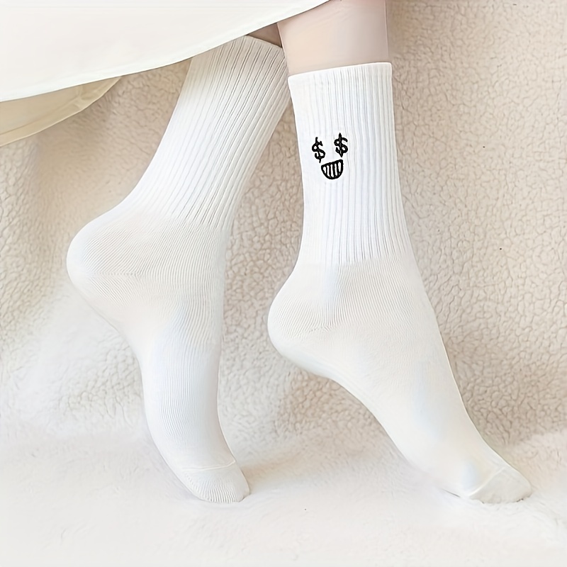 5 Pairs Women'S Mid-Calf Socks - Cute Cartoon-Themed Long Socks with Expressive Faces, Soft Breathable Warm Winter Socks for Everyday & Formal Outfits - Spring, Fall, Winter Fashion Accessories (5 Pairs), Cute Socks, Seasonal Fashion, Playful Design, Comfortable Fit, Trendy Socks, Fashionconscious Women