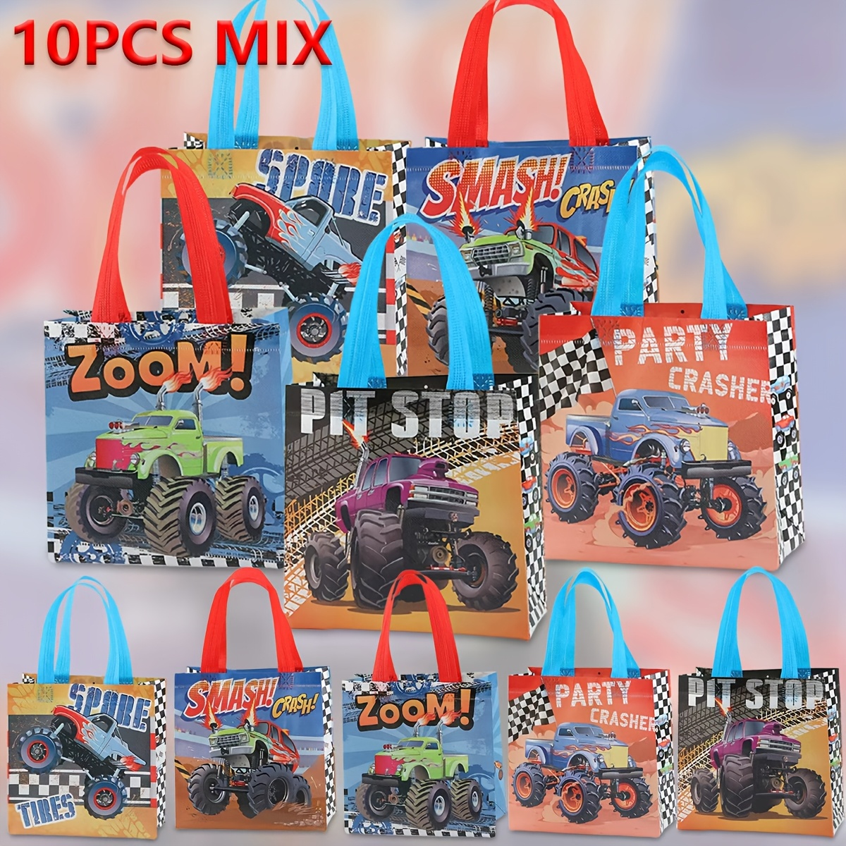 TEMU 10 Stück Geschenktüten mit Offroad-Rennmuster, Tragetaschen aus Vliesstoff, Geschenkverpackungsbeutel für Rennpartys zum Einkaufen, geeignet für