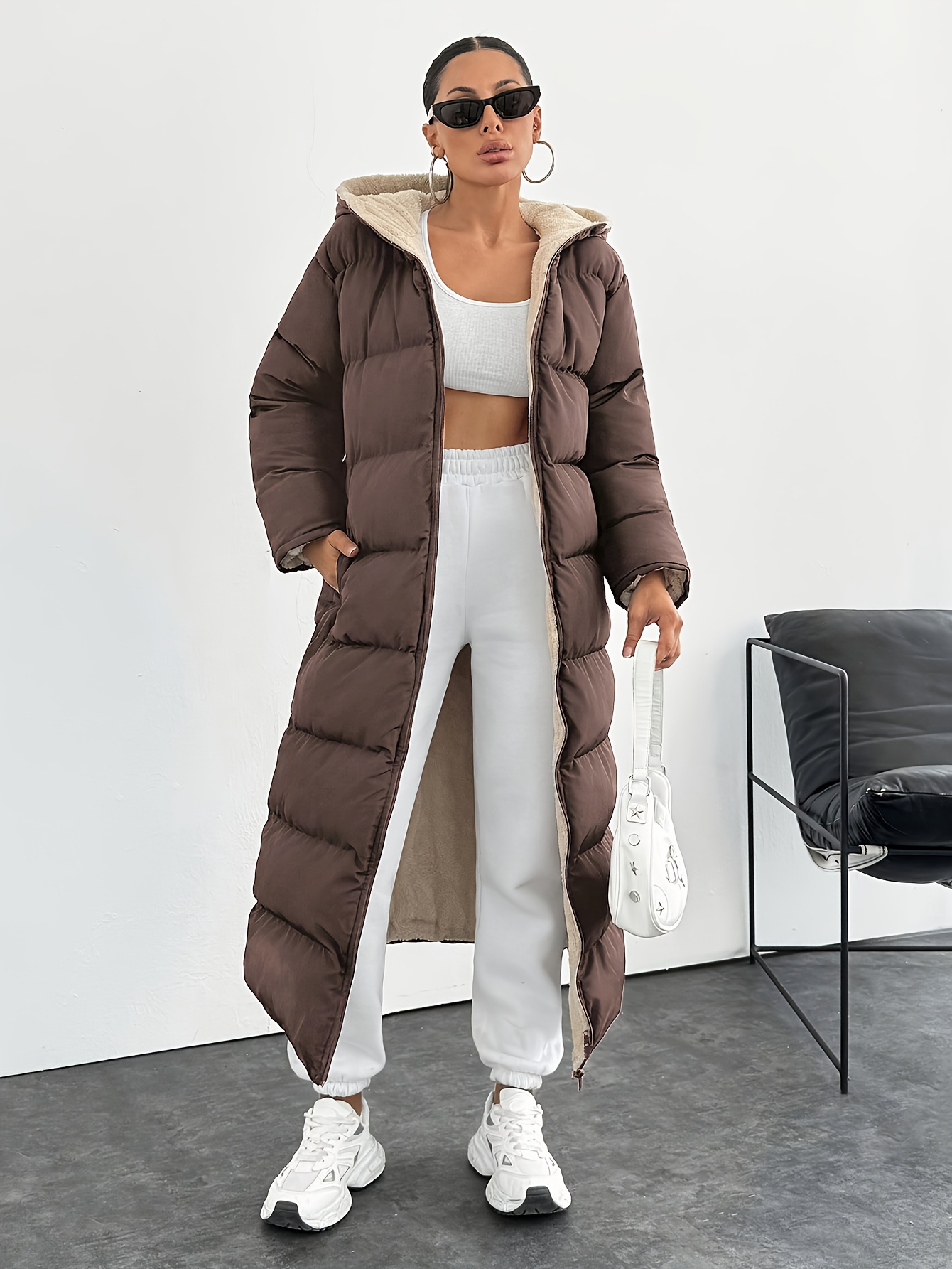 Women's Elegant Long Puffer Coat Black, Windproof Hooded Winter Jacket  with Side Pockets, Machine Washable Polyester Cold Weather Outfits,  Casual