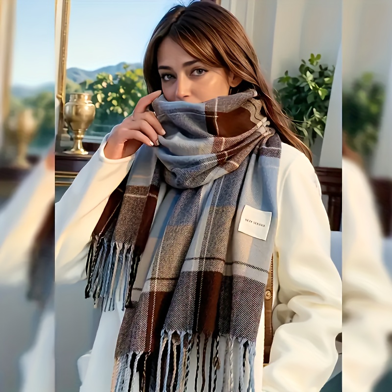 TEMU Women' Scarf 2024 New Arrival, Style Versatile Plaid Shawl, Polyester Blend, Soft And Comfortable, , Striped , , Warm, Decorative, Or , Use