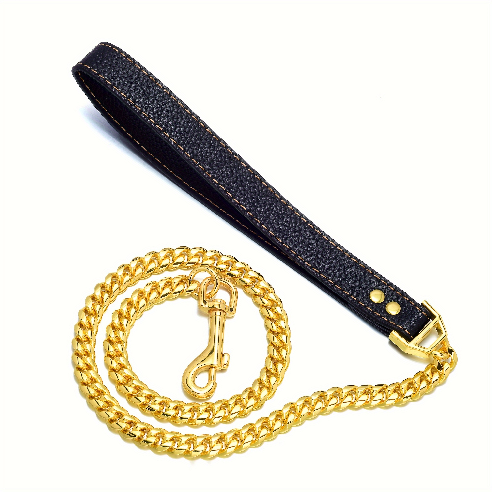 TEMU Dog Chain Leash 3ft 4.3ft 18k Gold Plated Stainless Steel 12mm Cuban Link Dog Leash With Comfortable Genuine Leather Handle For Puppy Small Medium Large Dogs
