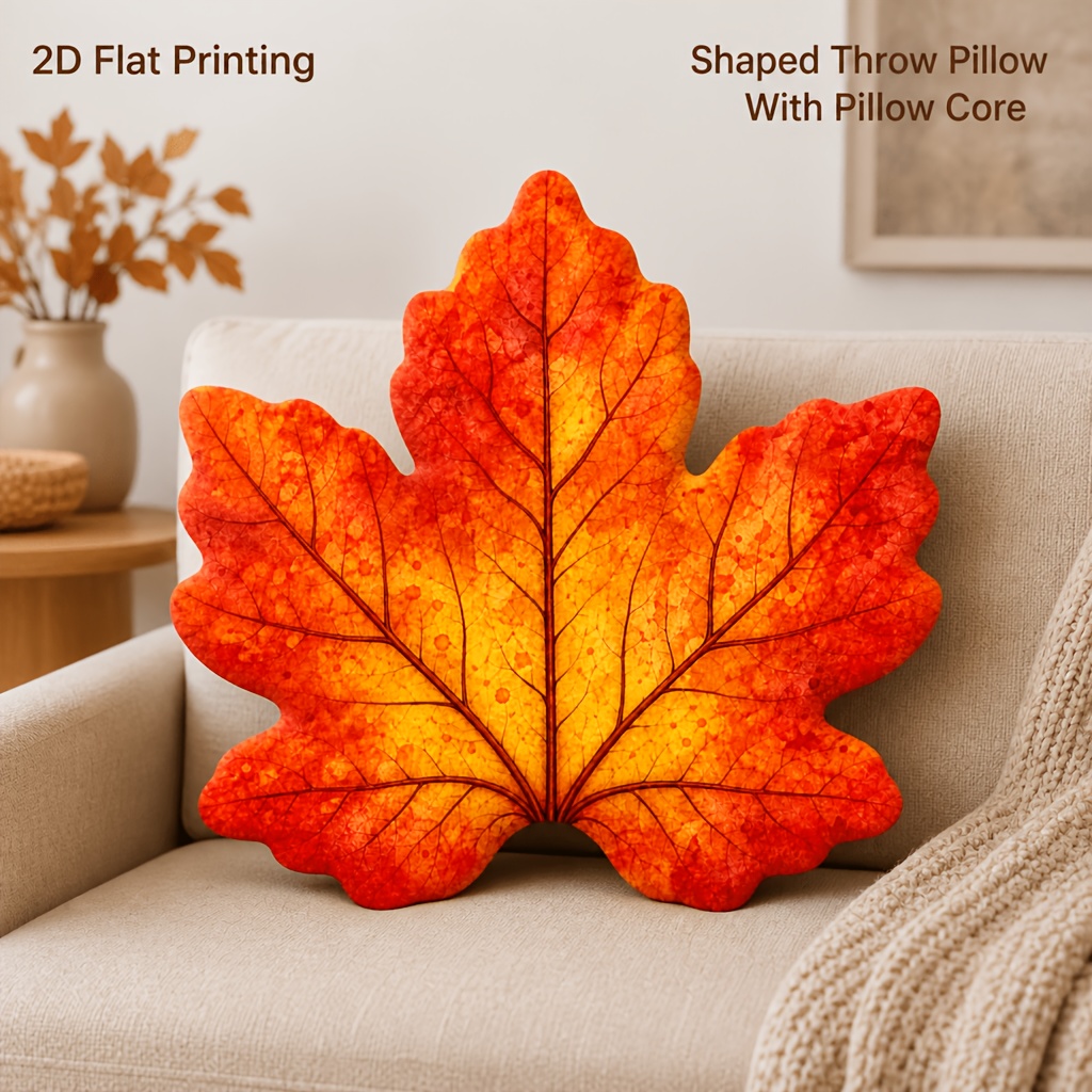 TEMU Autumn Maple Leaf Shaped Throw Pillow Warm Watercolor Style For Sofa Bedroom Fall Home Decor 2d Flat Printing Shaped Stuffed Throw Pillow