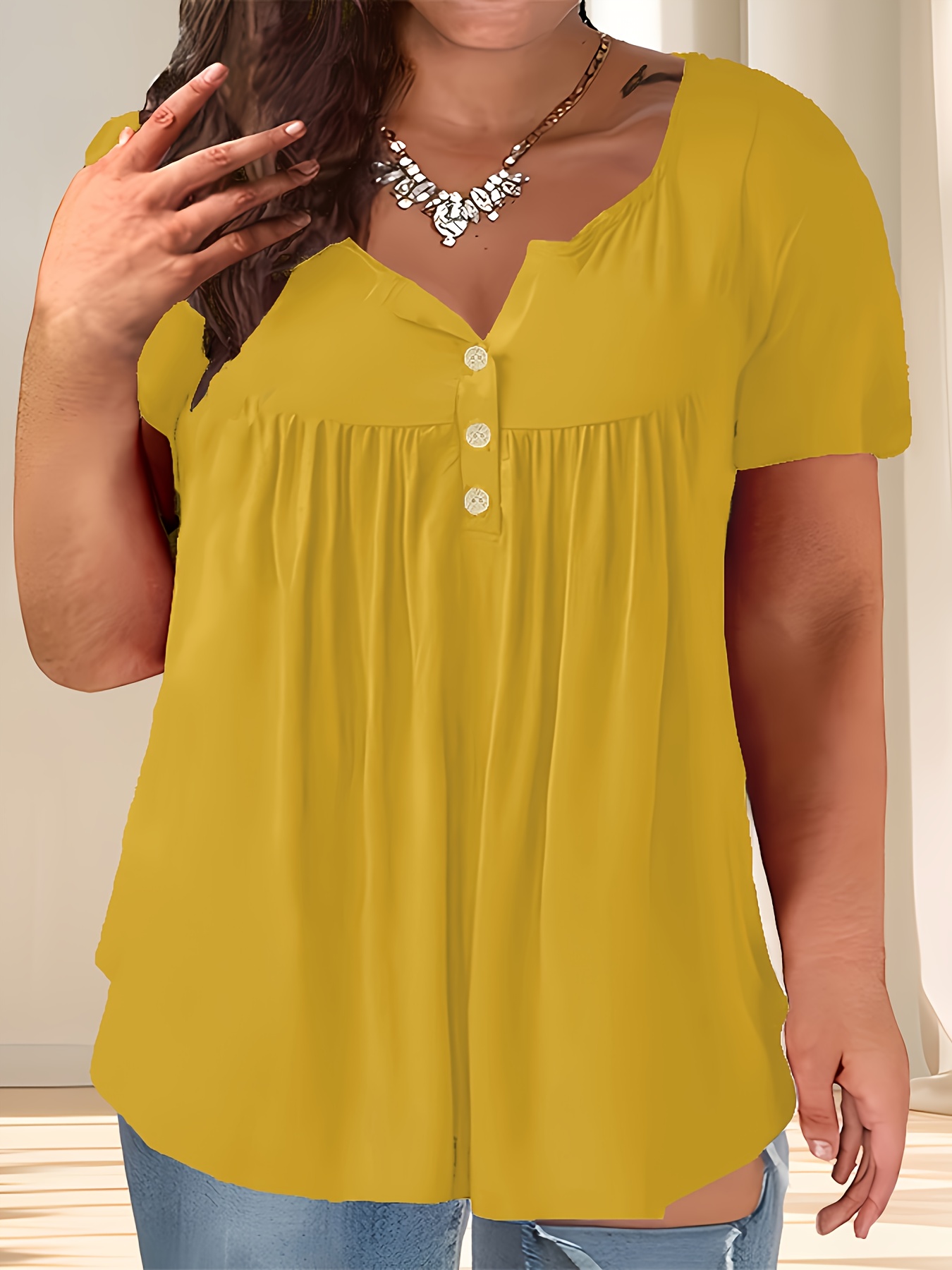 Women'S Plus Size Casual Buttoned Pleated T-Shirt, Summer Knit Fabric Top, Crew Neck, Solid Color, Slight Stretch, Oversized Pullovers, Polyester 95% Spandex 5% - Navy Blue