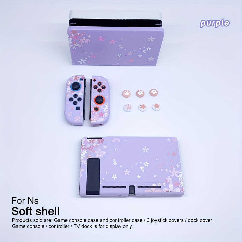 TEMU Purple Sakura Theme Portable Tpu Protective Case For Switch Ns 6.2 Inch/oled 7 Inch, Anti-drop Soft Case With 6 Controller Joystick Caps, Sakura