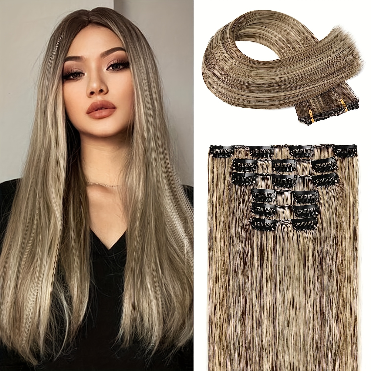 

Elegant 6pcs Set Of Long Straight Synthetic Clip-in Hair Extensions For Women - Use