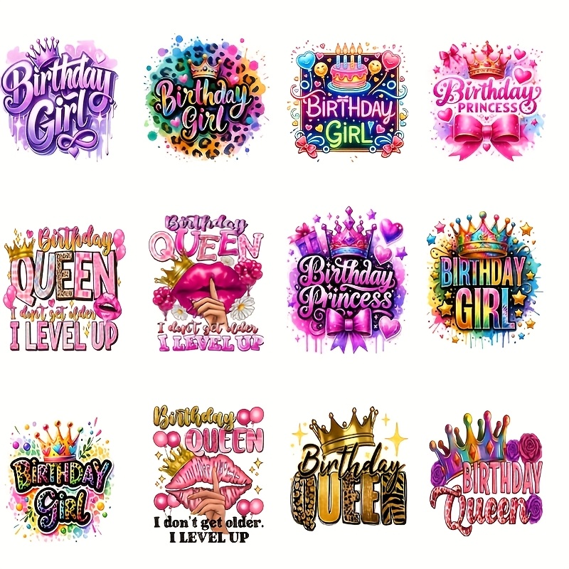 

12pcs Birthday Queen Vinyl Heat Transfer Stickers, Mixed Color Iron-on Decals For Clothing, Accessories & Fabric Crafts, Vibrant Diy Decor, Perfect Gift For Her