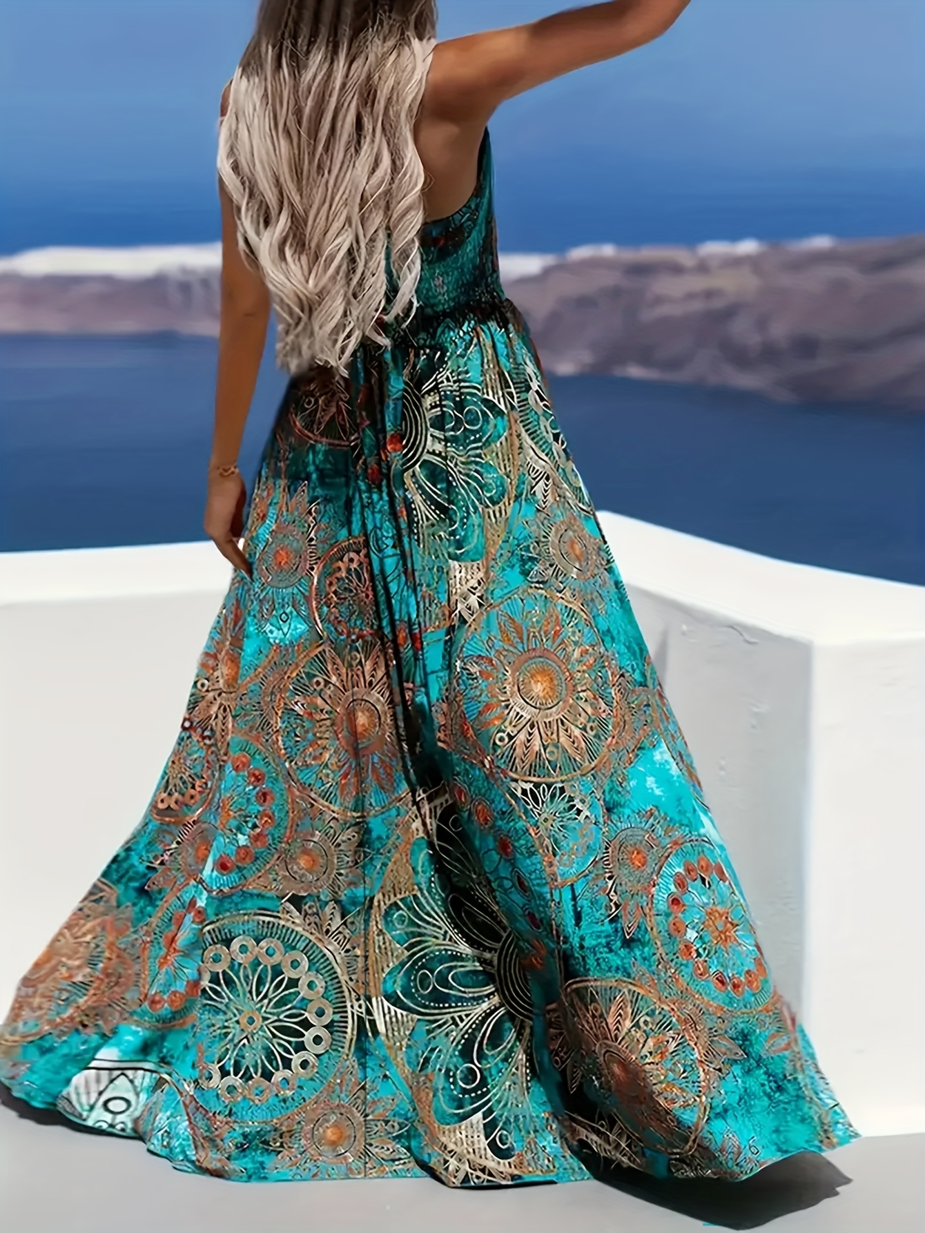 elegante dames maxi jurk in turquoise gouden print met Temu