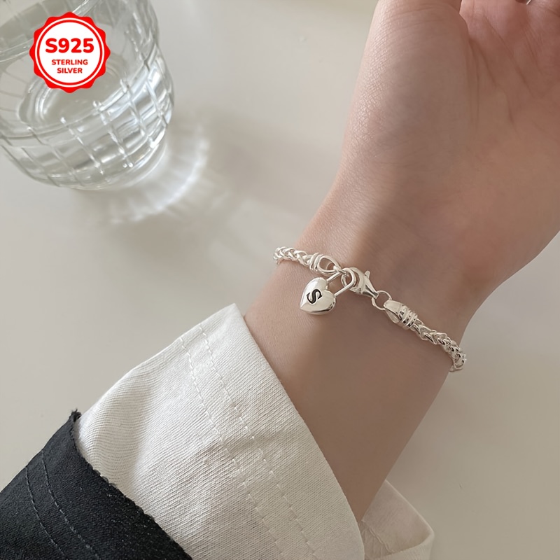 925 Sterling Silver S Lock Heart Chain Bracelet, Boho Style