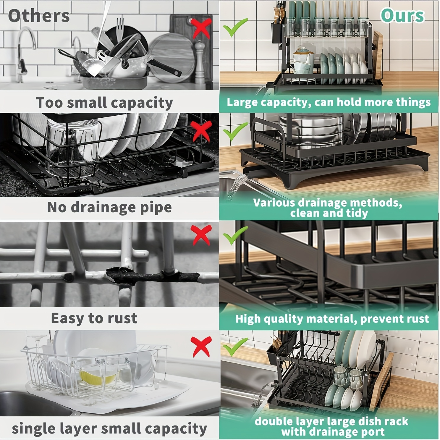 2 tier metal dish drying rack with drain board black   saving kitchen organizer for dishes glasses   removable cutting board and utensil holder dish drying station details 1