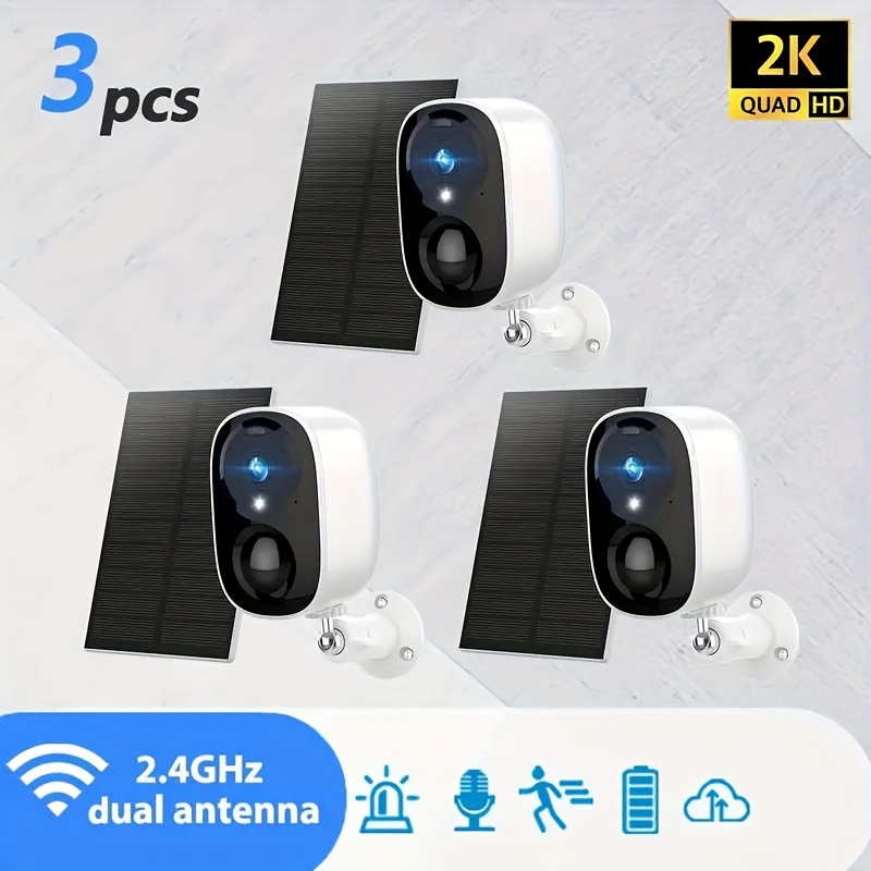 TEMU 3pcs 2.4g Wifi Solar Powered Outdoor Wireless Security Camera, 2k 3 Megapixel Video Resolution, Battery Powered Home Security Cctv Camera, Voice