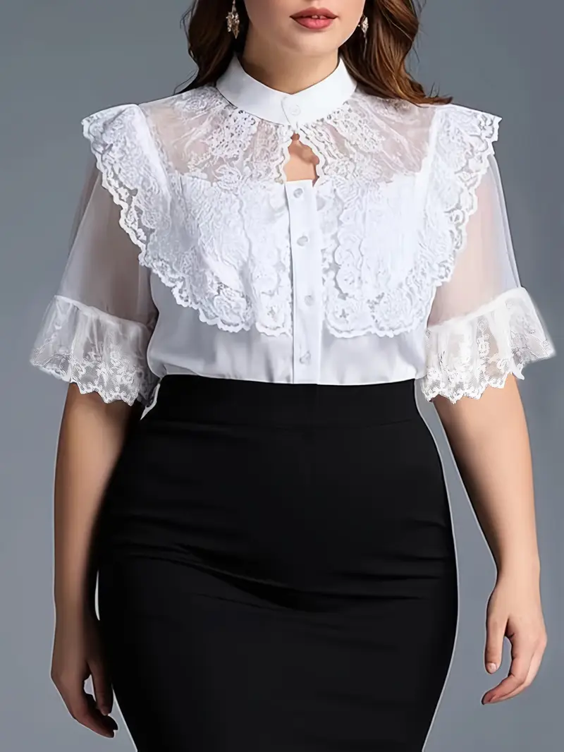 Elegant Sheer Lace Blouse with Mesh Sleeves and Ruffled Collar