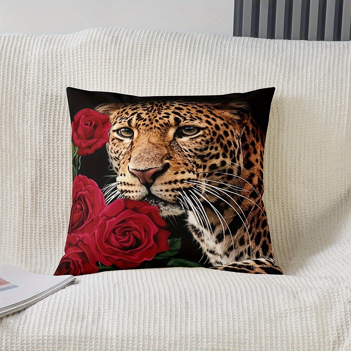 

1pc Red Rose Decorative Accent Pillow Cases, Cat Leopard Print Pillow Covers, Romantic Flowers Cushion Cases, Animal Theme Throw Pillow Covers, 18x18 In