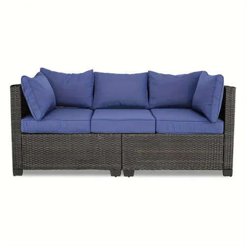 all weather outdoor rattan sofa 3 seat outdoor wicker couch with high back premium brown wicker and navy blue cushions for garden backyard porch