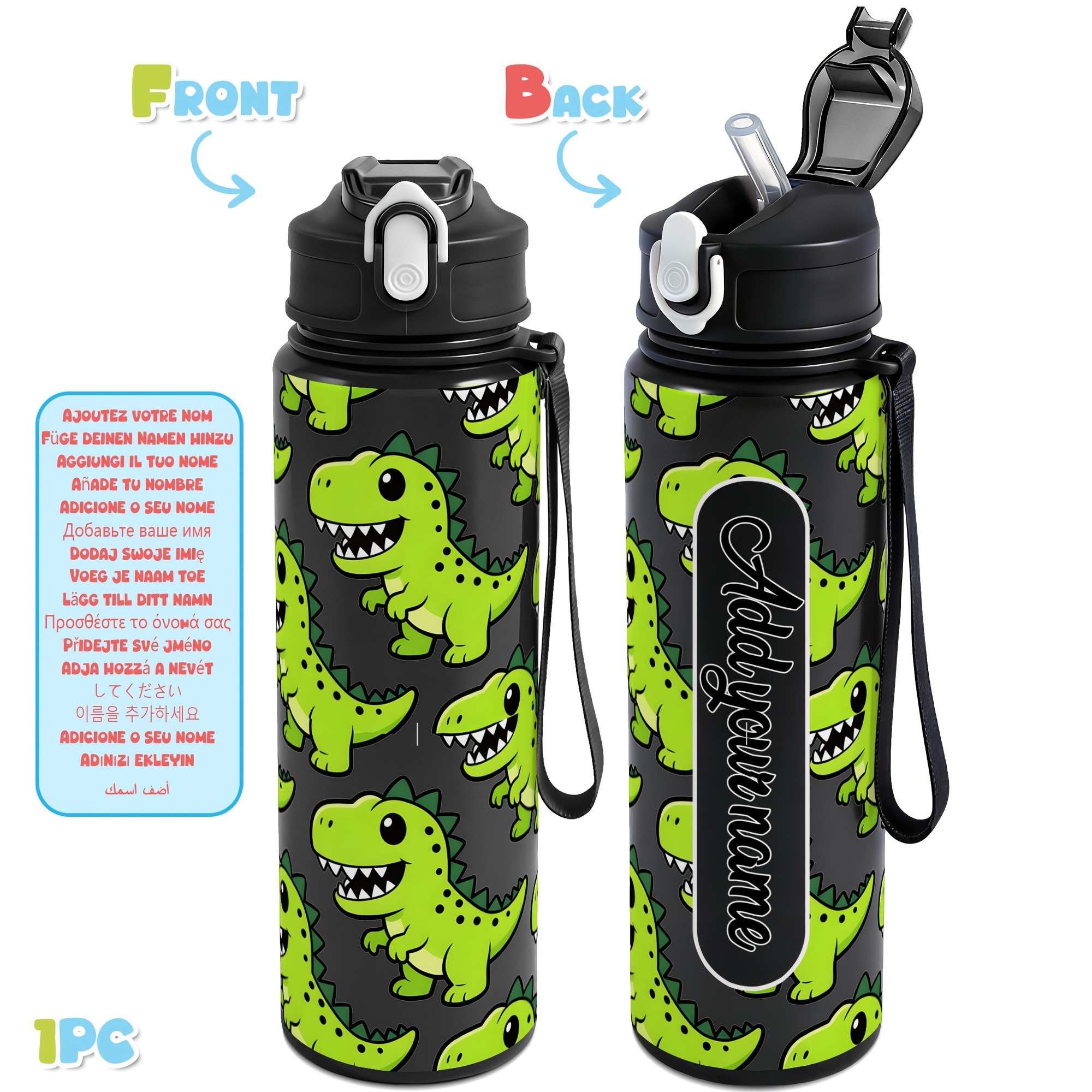 TEMU 1pc, Custom Name 25oz Leak Proof Sports Water Bottle 750ml Large Capacity Personalized Dinosaur Pattern Water Cup Reusable Drinkware For Outdoor