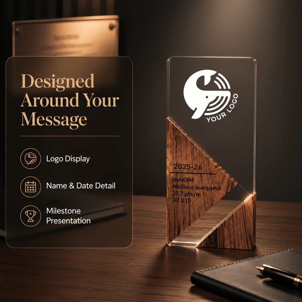 TEMU 1pc Custom Personalized Acrylic Trophy With Uv-printed Spade Wood Base & Suitable For Awards - Multicolor Custom Logo/text Trophy For