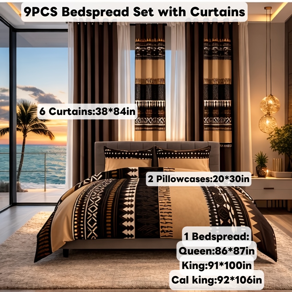 TEMU 7/9pcs Bedding And Curtains Set, Including: 1 Bedspread, 2 Pillowcases, 2 Printed Curtains And 4 Solid Curtains, Queen/king/cal King Size,