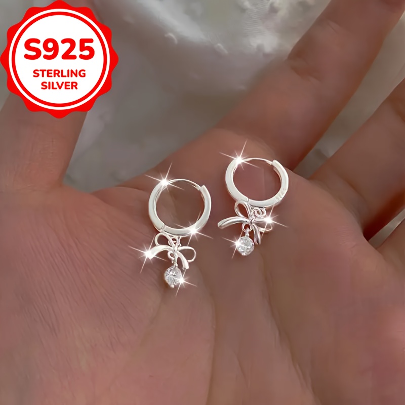 S925 Sterling Silver Bow Drop Earrings for Women, Delicate